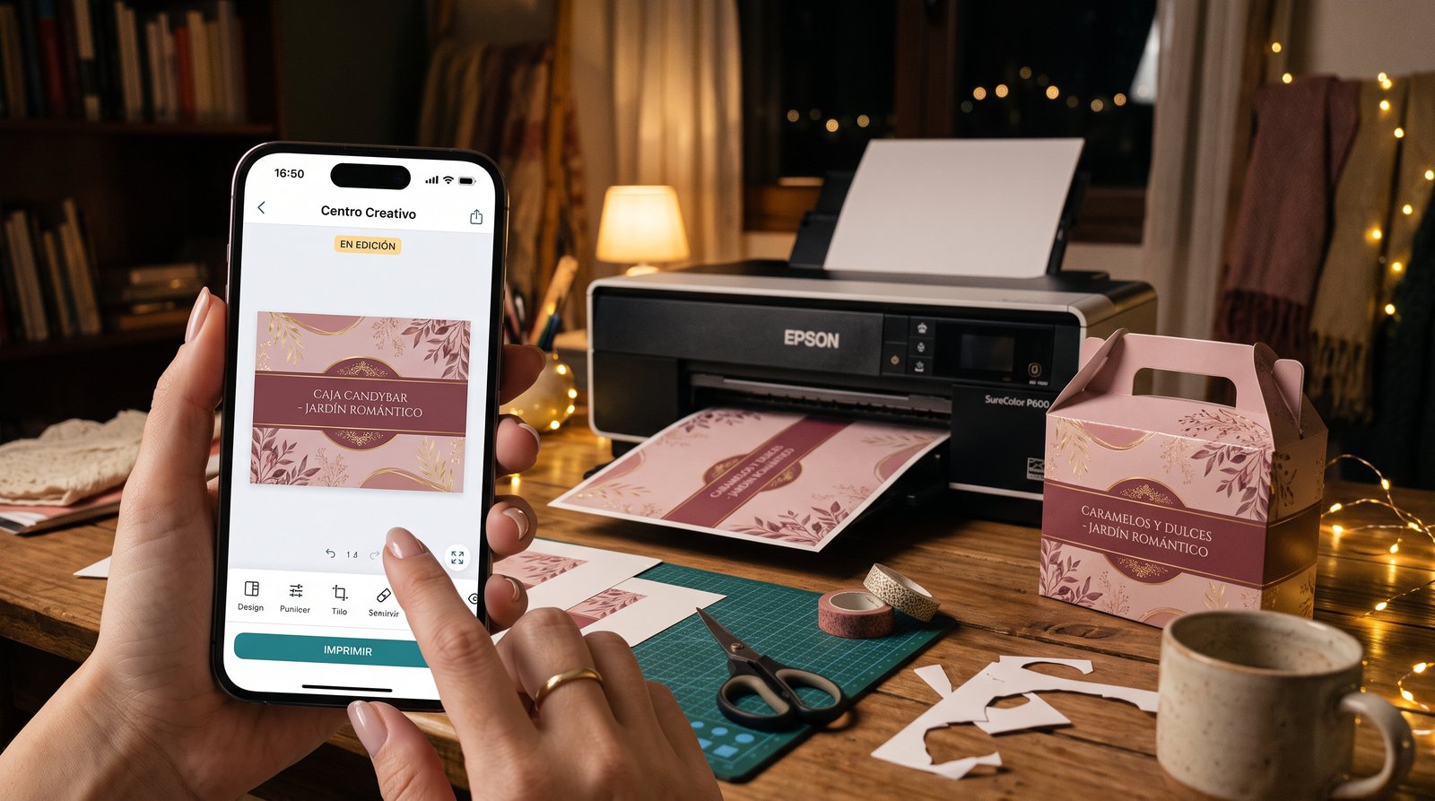Diseño de una caja candybar en la app, con la impresora sacando las cajas y la caja terminada al lado